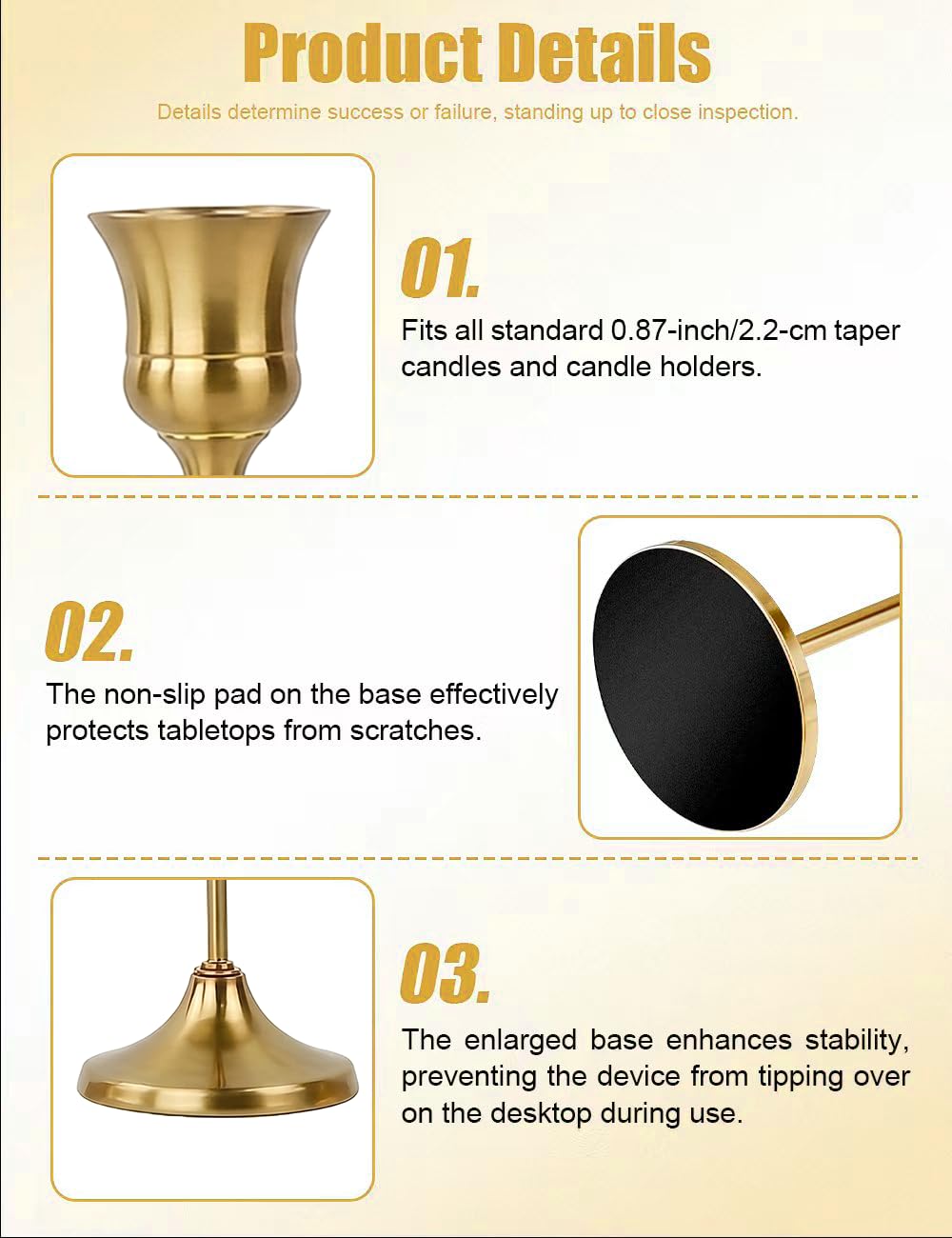 Oakernel French Gold Taper Candle Holders 4 Sets(12 Pcs) - Tall Metal Candlestick Holders for Table Centerpiece, Formal Dinner, Wedding, Fireplace Mantel Decor, Fits 3/4 Inch Thick Candles