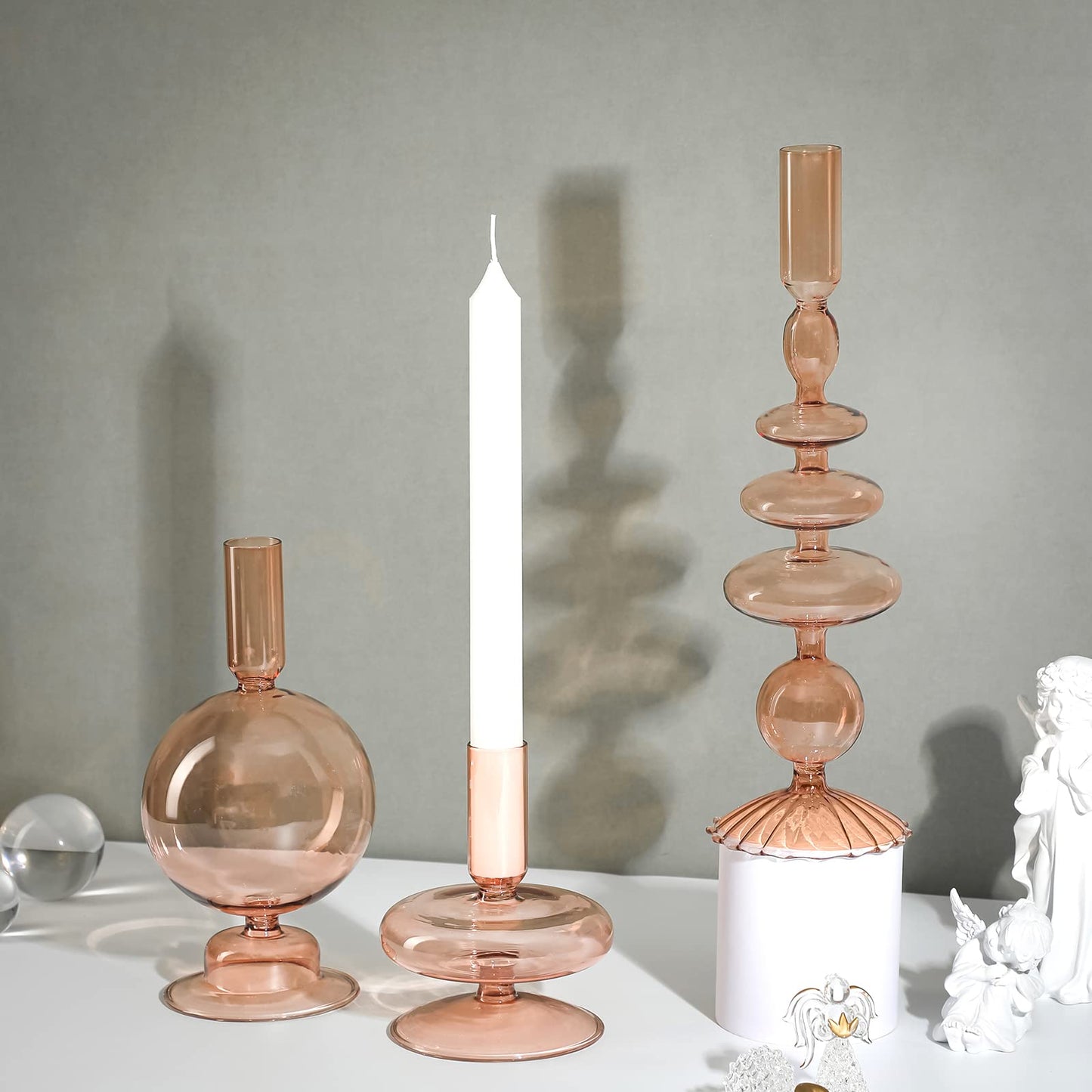 Rtteri 3 Pcs Glass Candlestick Holders Glass Candle Holders Groovy Wavy Elegant Taper Candle Stick for Wedding Home Birthday Party Easter St Patricks Day Decoration Windowsill Decor(Light Brown)