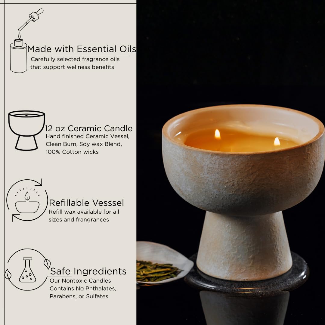 Blueme Balance Candle | White Lotus & Tea | 5 Wick - Refillable Wellness Candle with Essential Oils, Hand Finished & Poured Soy Wax Blend Ceramic Vessel, Natural Cotton Wicks | Giant 45 oz