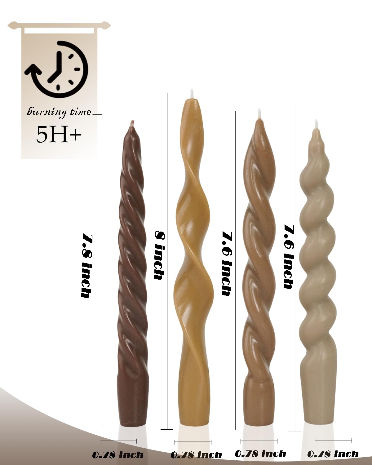 Brown Short Taper Candle Stick Spiral Taper Candle for Wedding Party Fall Decoration Home Dinner Decoration Unscented Candles,7.6inch,4 Pack