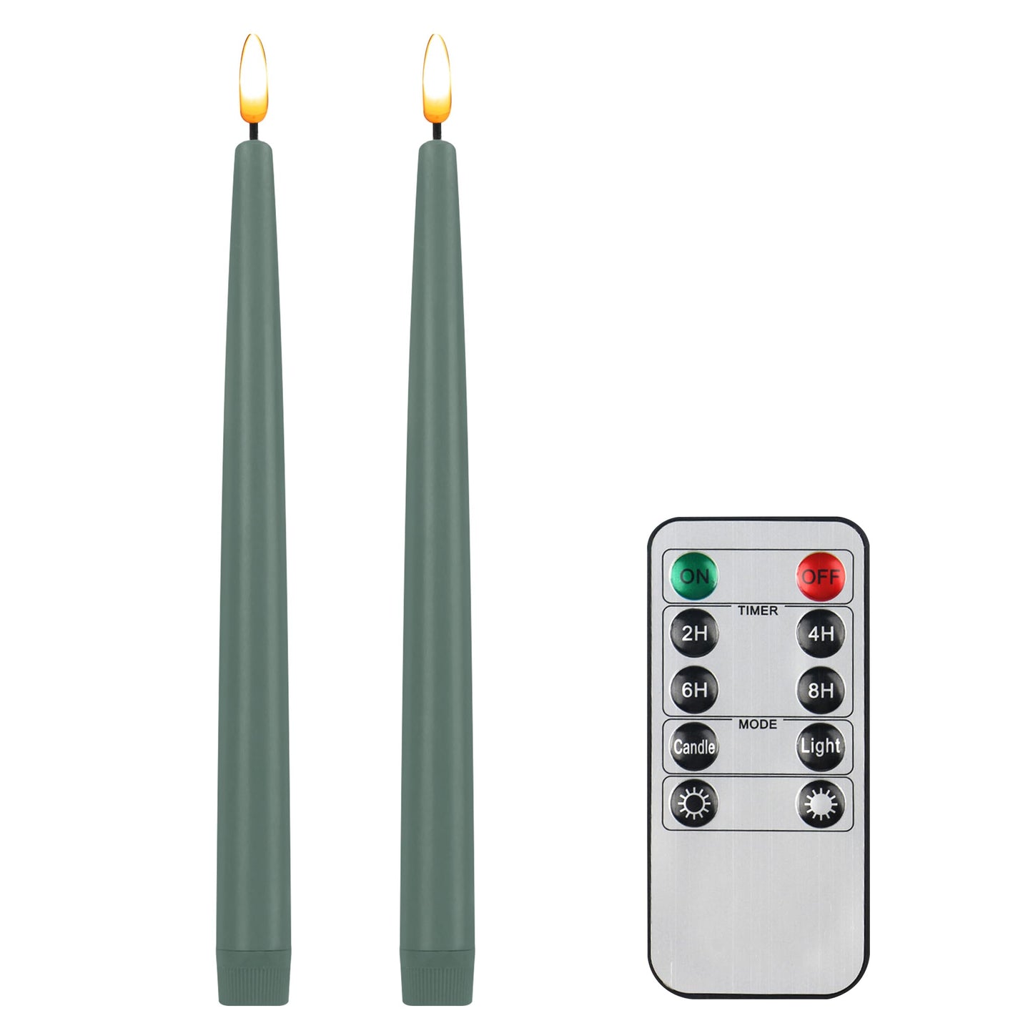 CVHOMEDECO. Flameless Taper Candles with 10-Key Remote, Battery Operated Led Flickering 3D Wick Window Candles Real Wax Finished Home Christmas Party Decor 0.78 x 11 Inch, Pack of 2, Grey Green
