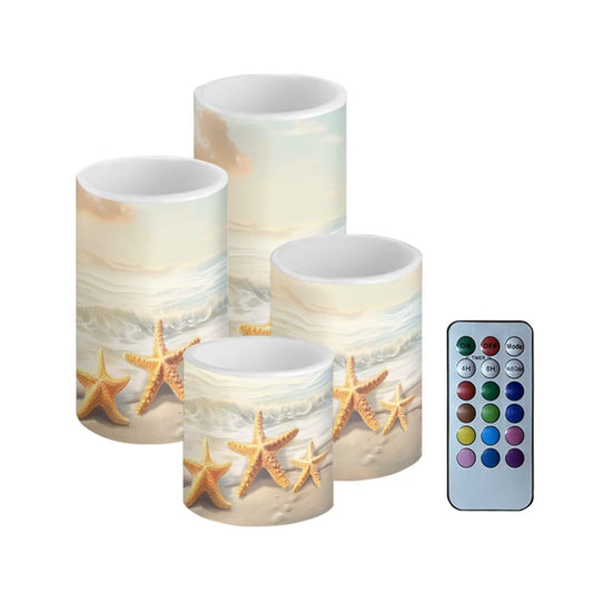 Merkmak 4 Pack Flameless Candles Battery Operated Candles with Color Changing Timer Remote Control LED Pillar Tea Lights for Patio Porch Beach Home Decoration, Yellow Starfish