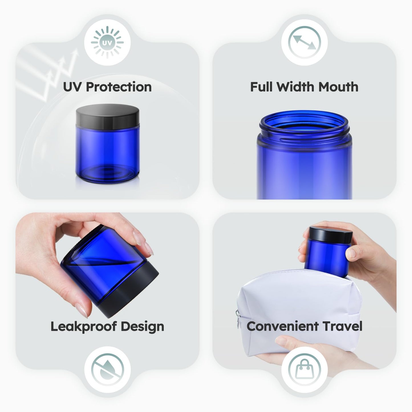 4 oz Glass Jars with Lids, 24 Pack Blue Small Glass Jars with Black Lids Leakproof Round Airtight Empty Cosmetic Travel Containers with Inner Liners For Lotions Powders and Candle Making