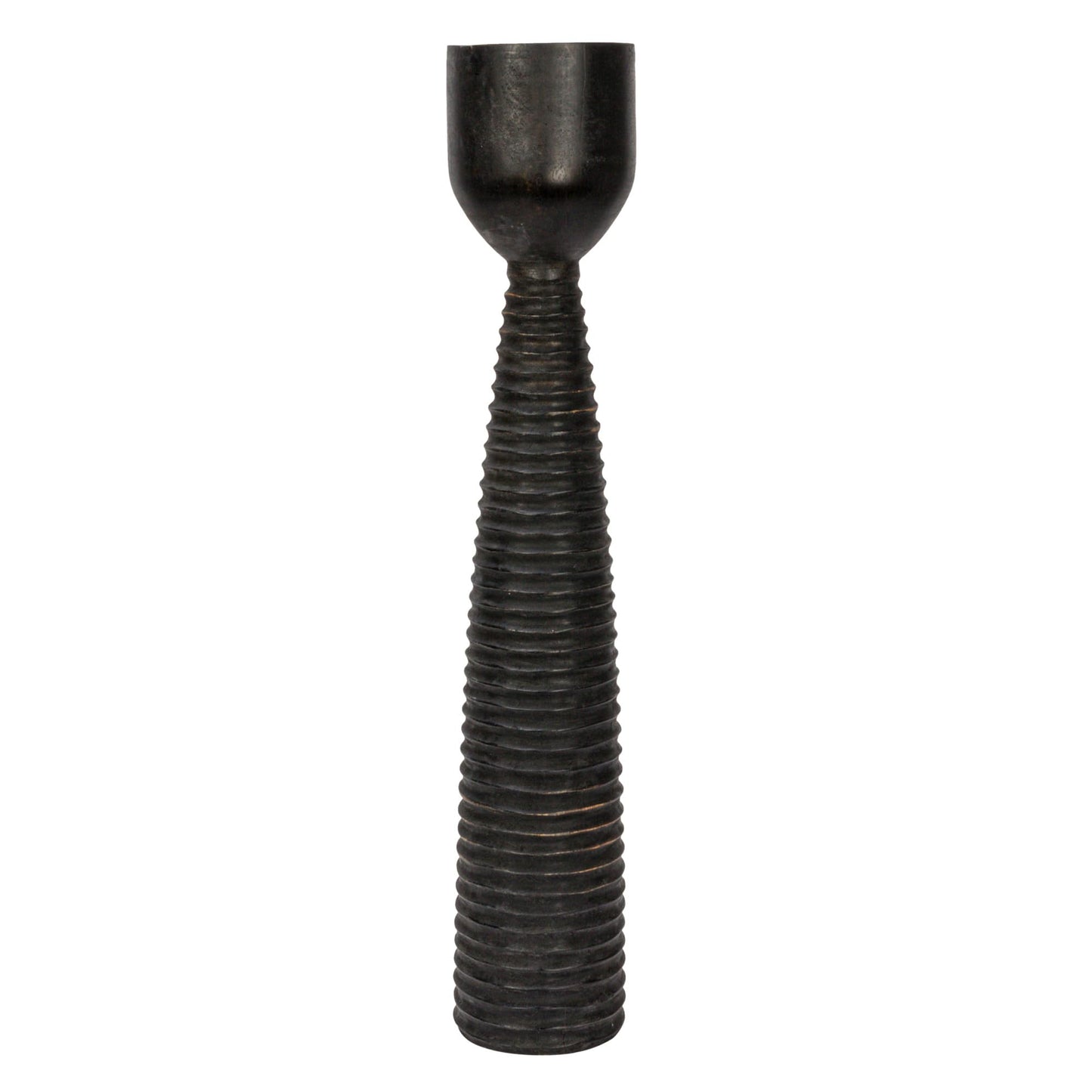 Bloomingville Round Hand-Carved Mango Wood Ribbed Candle Holder, Black (Holds 4 inches Pillar)
