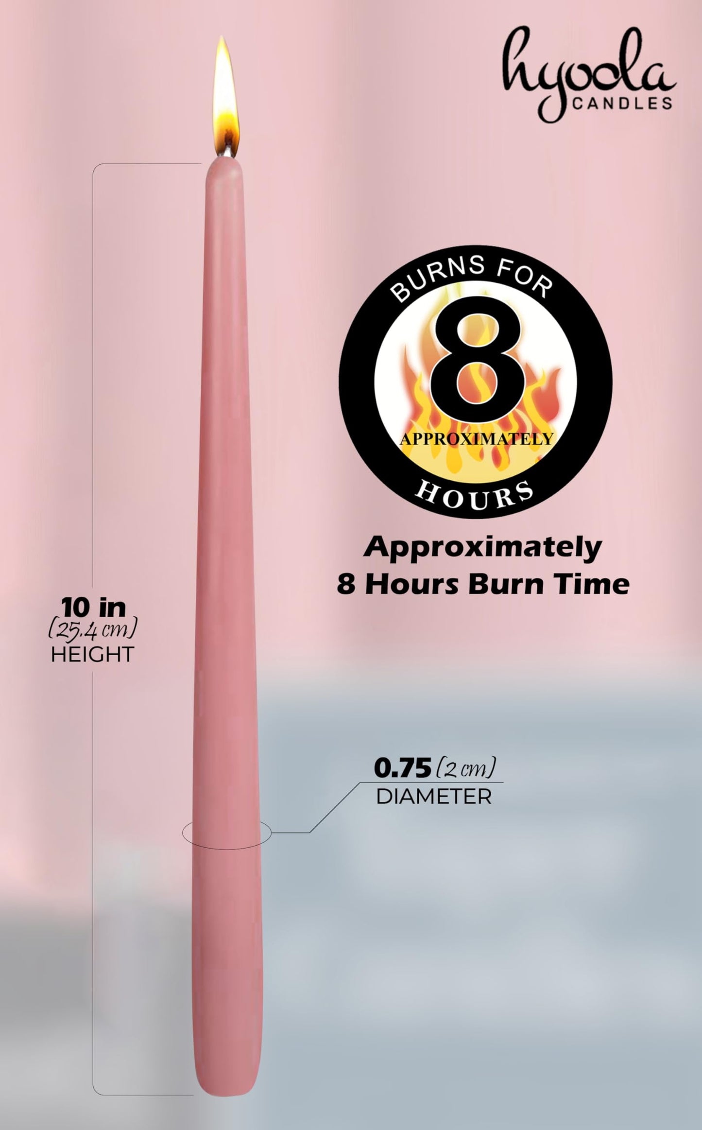Hyoola Tall Taper Candles - 10 Inch Rose Pink Unscented Dripless Taper Candles - 8 Hour Burn Time - 4 Pack