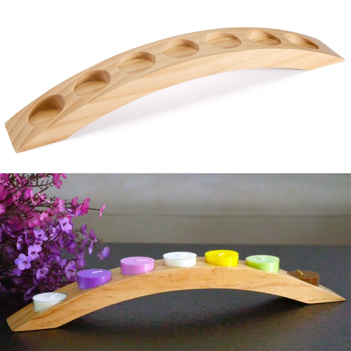 Wooden Tea Light Candle Holder Bar, Bridge Candle Holder Tray - 7 Holes - Natural Wood Color