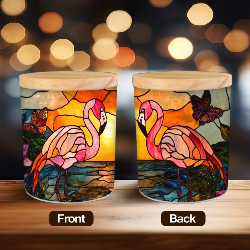 Stained Glass Flamingos Tea Light Candle Holders, Beach Butterfly Tealight Candle Holder Jar with Wooden Lid, Votive Candlesticks for Table Centerpieces, Christmas,Birthday Party,Home Decor