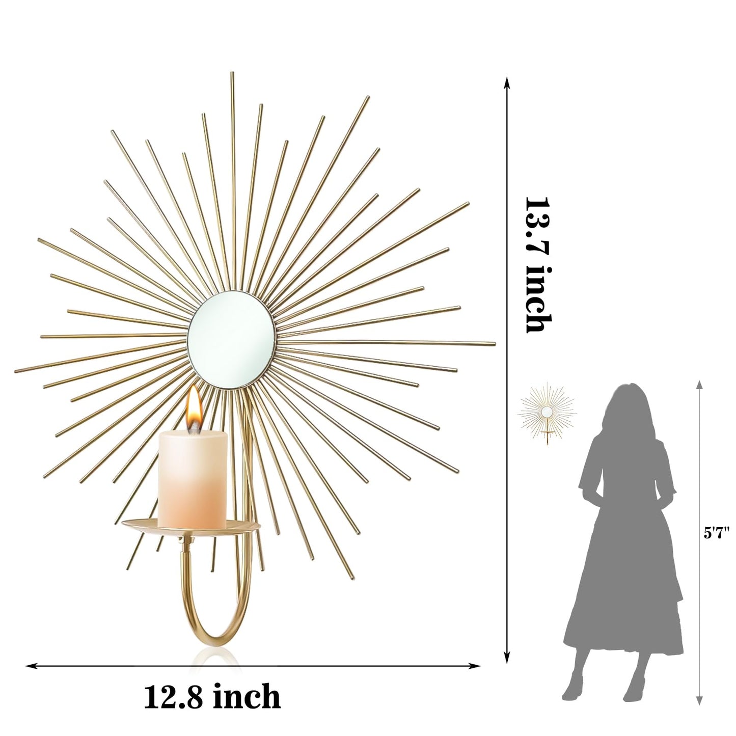Sxnzequnze 2 Set Candle Sconces Wall Decor for Living Room Metal Sunburst Mirrored Modern Gold Wall-Mounted Candle Holder Sconces Hanging Mounted Fireplace Farmhouse Wedding