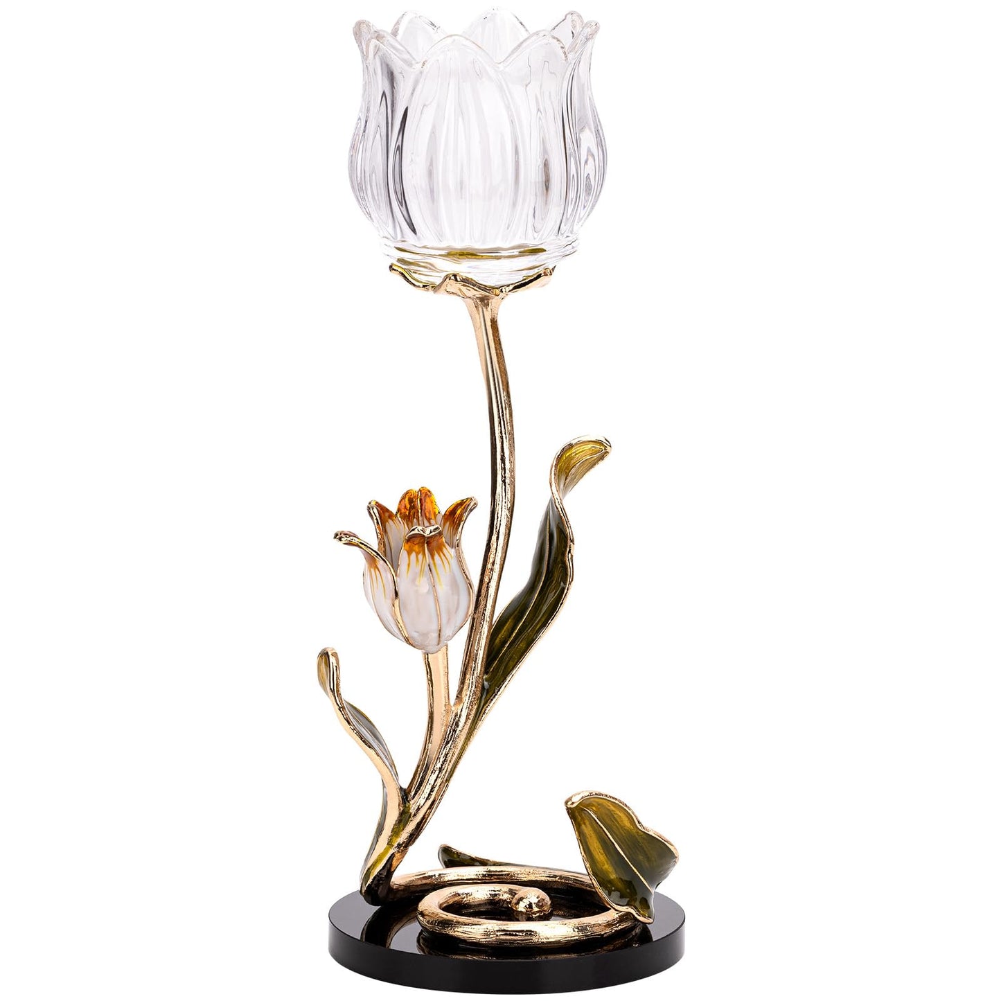Luxury Crystal Base Glass Flower Candle Holder – Gold Plated Zinc Alloy with Enamel, Romantic Tea Light Holder, French Style Wedding Table Centerpiece, Home Decor