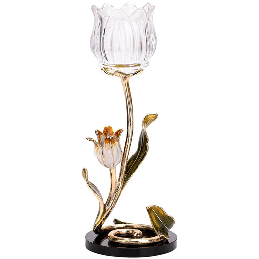 Luxury Crystal Base Glass Flower Candle Holder – Gold Plated Zinc Alloy with Enamel, Romantic Tea Light Holder, French Style Wedding Table Centerpiece, Home Decor