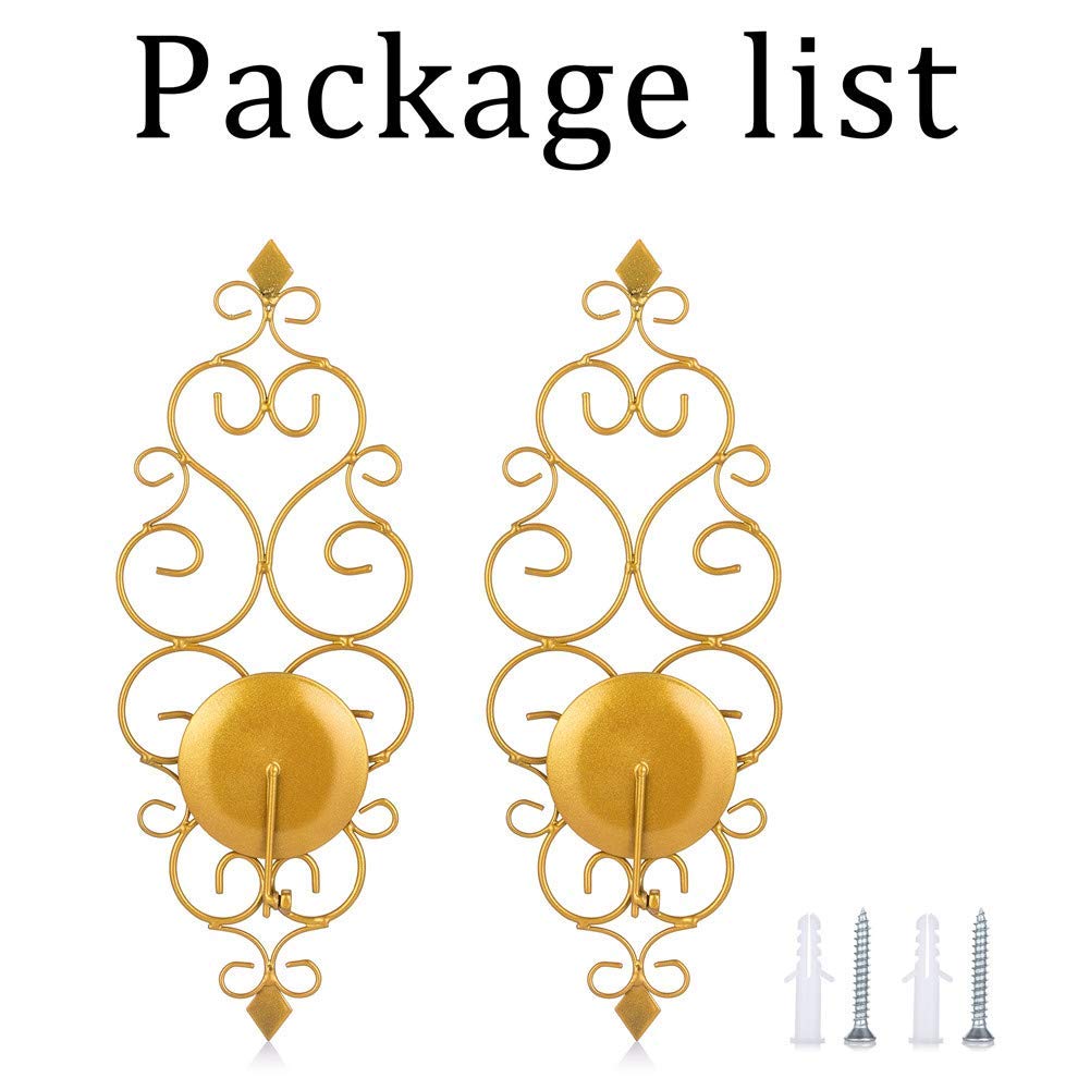 Sziqiqi Iron Wall Candle Sconce Holder Set of 2 Hanging Wall Mounted Pillar Candle Sconces Holder, Wall Sconces Decor for Bedroom Dining Room, Gold
