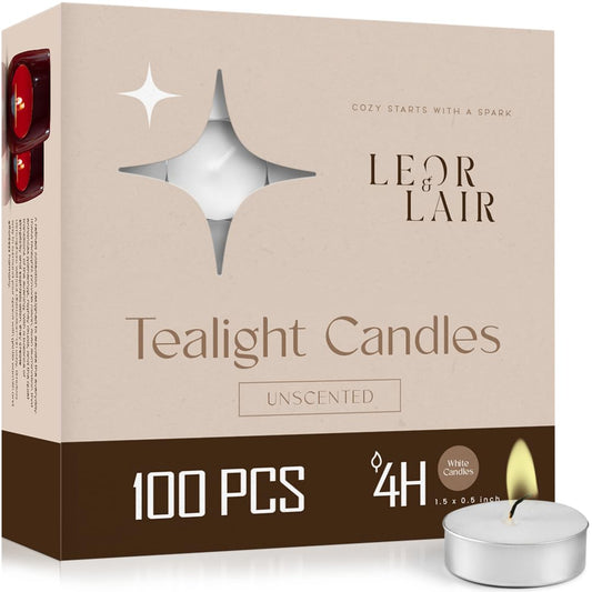 Leor & Lair Tealight Candles 100 Pack – 4 Hour Long Burning Tea Lights for Emergency, Family Meals, Home Décor & Daily Use – Unscented Small Tea Candles for Power Outages