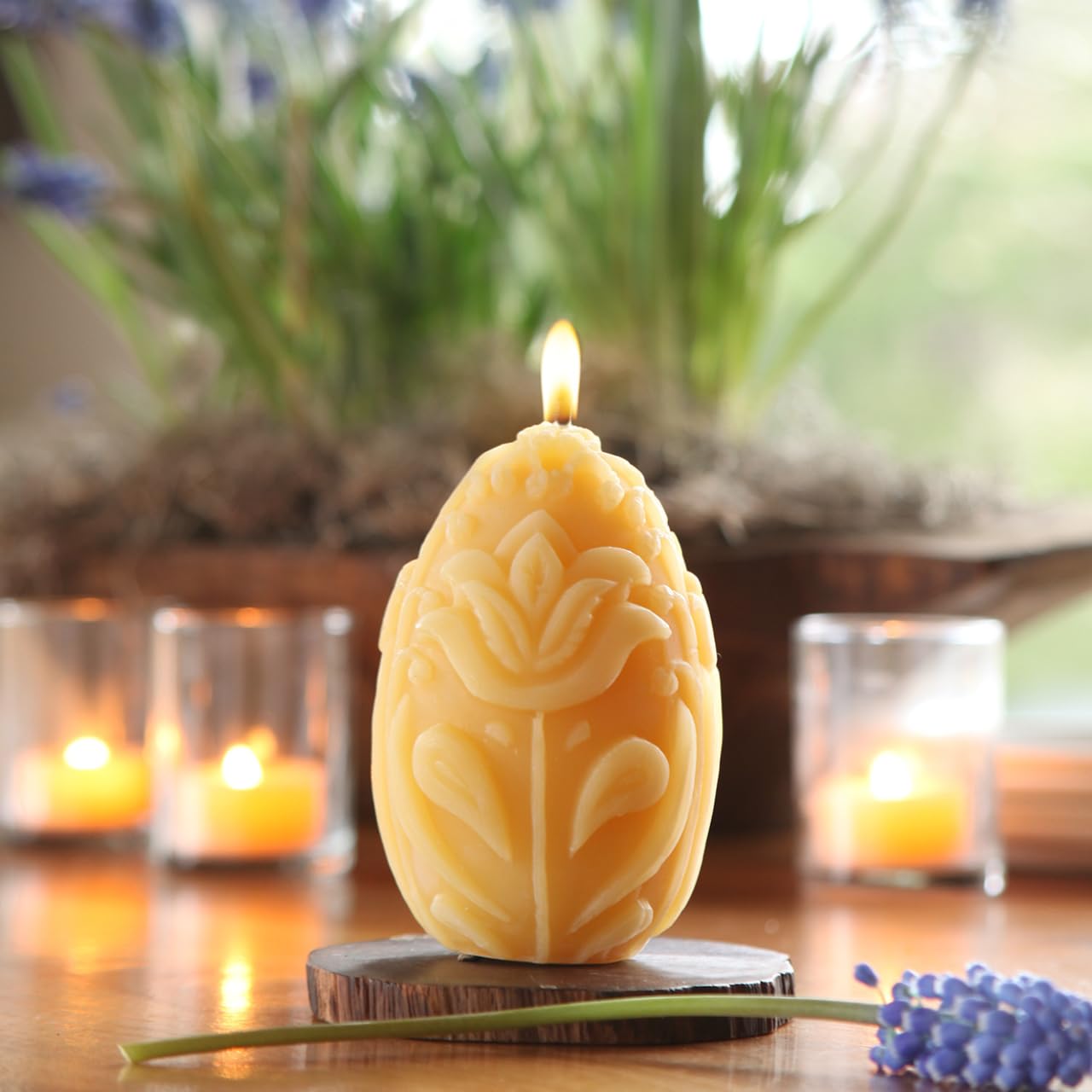 Big Dipper Wax Works Beeswax Egg Pillar Candle, 100% Pure Beeswax, 40 Hour Burn, 3.5 Inch Floral Sculpted Design, Cotton Wick, Unscented Natural Honey Aroma, Spring and Easter Decor