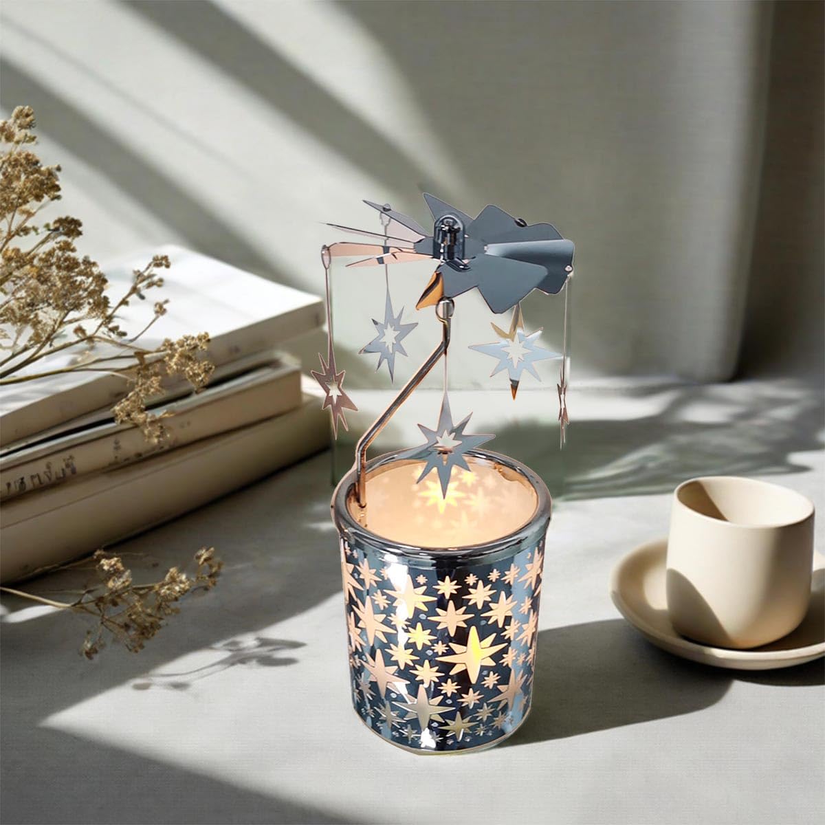 Carousel Rotary Candle Holder Spinning Birthday Gifts for Women, Mom, Wife, Girlfriend, Sister, Her, Metal Windmill Tea Light for Female Friends (Silver Star)