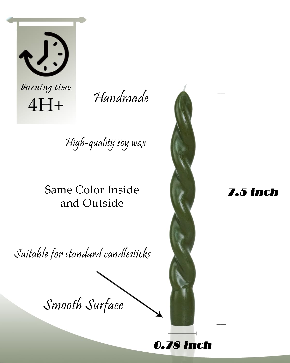 Olive Green Spiral Taper Candle Twisted Candlesticks Unscented Smokeless for Holiday Dinner Party Christmas Decorations-7.5inch-4pack