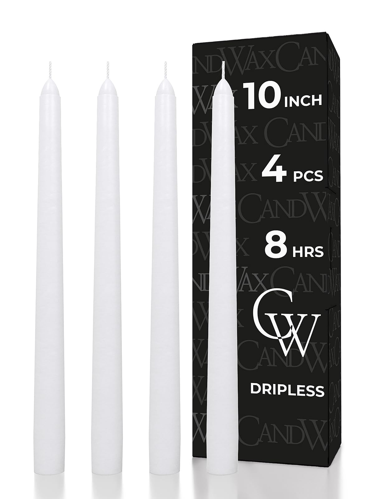 CANDWAX 10 inch White Taper Candles - White Candle Pack of 4 - Christmas Candle Tapers - Unscented Dripless Smokeless Long Burning Tall Candlesticks - Christmas Tapered Candles for Home Decor