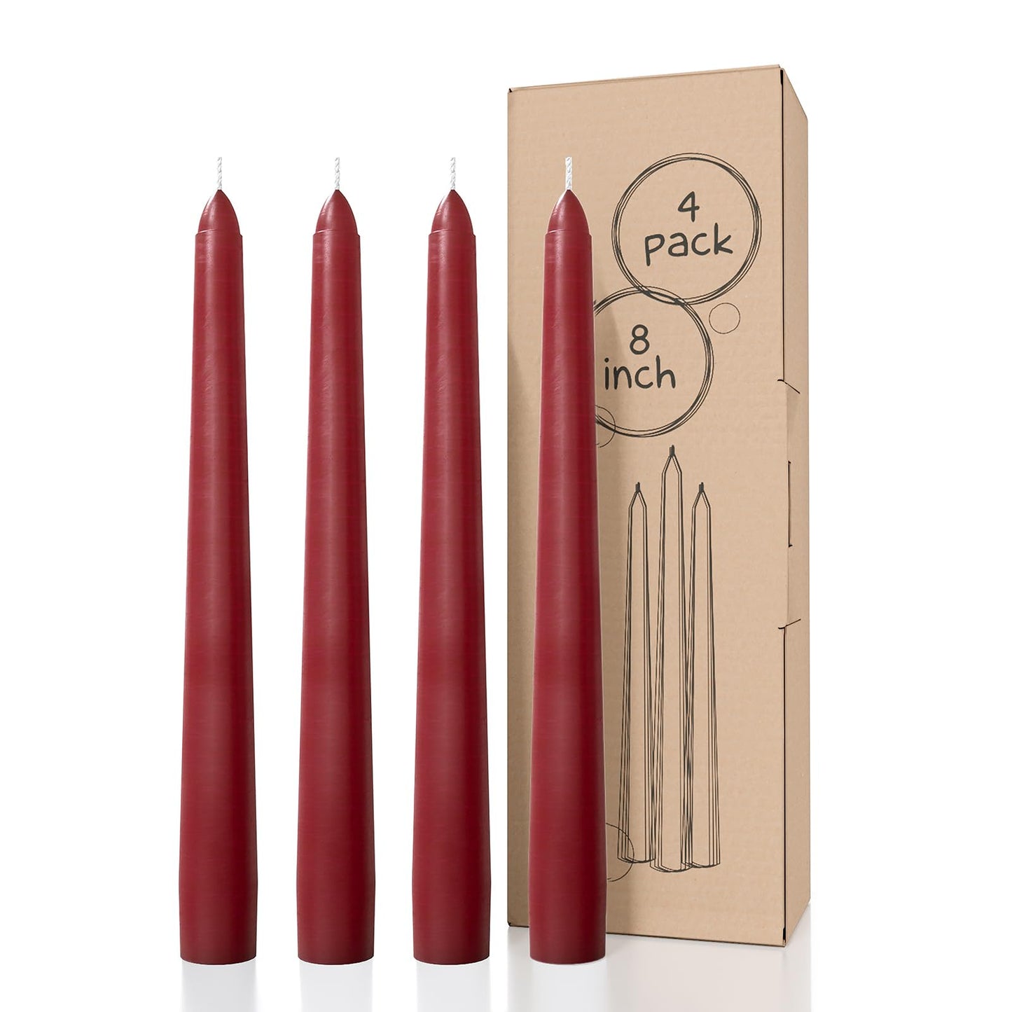 CANDWAX Bordeaux 8 inch Taper Candles Set of 4 - Unscented Smokeless Dripless Tall Candlesticks - Ideal for Party, Wedding or as a Romantic Dinner Table Centerpiece - Tapered Candle Sticks