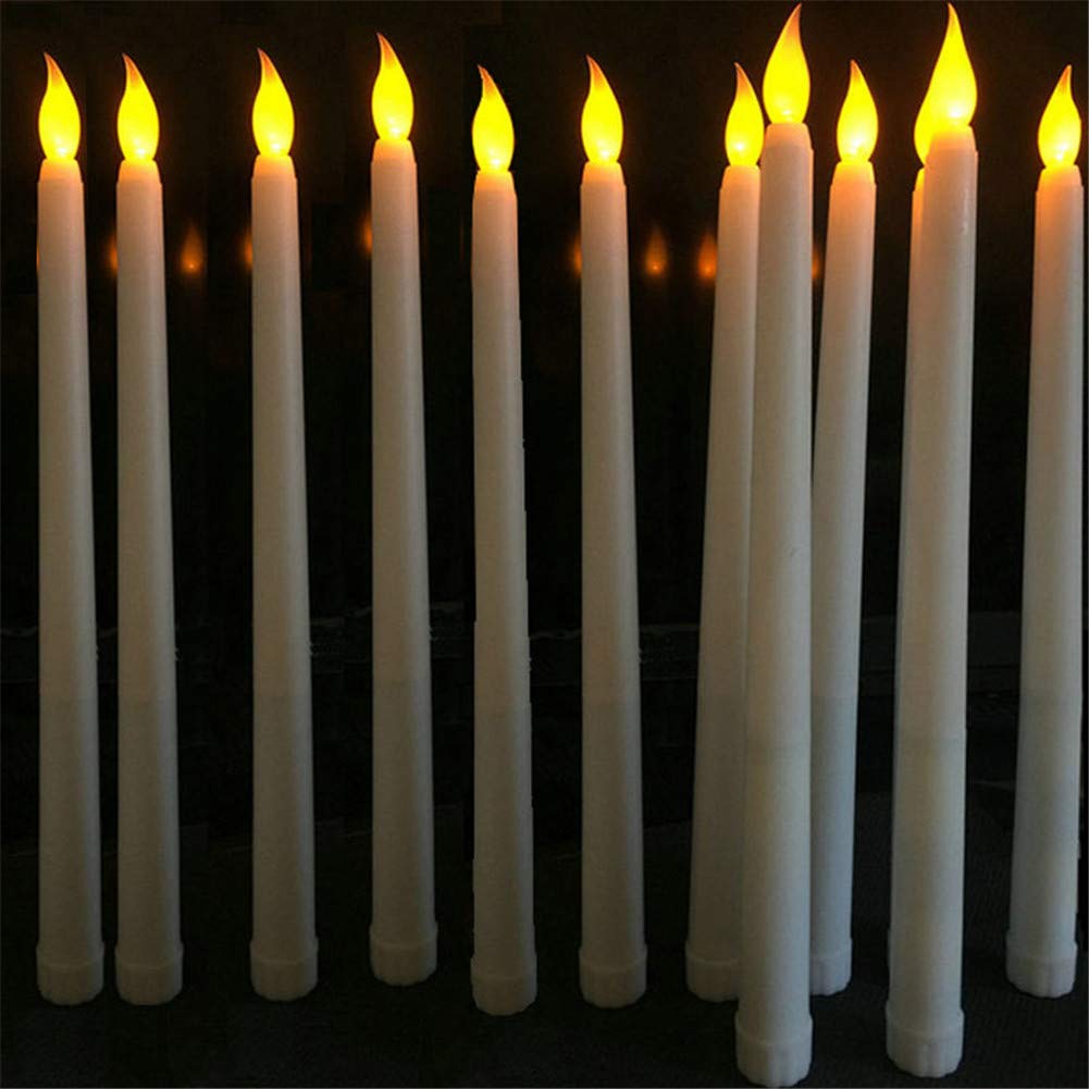 Datomarry Pack of 12 Remote Flameless LED Taper Candles with Yellow Flickering Light,Realistic Plastic 11 inch Long White Battery Operated Candlestick for Halloween Christmas