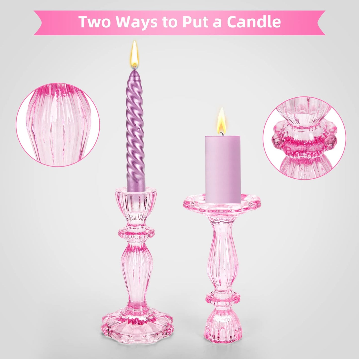 Glass Candle Holders, 2PCS Decorative Candle Stand Wide Base Candlestick Holder Table Centerpiece Decor for Wedding Festival Party Windowsill, Pink