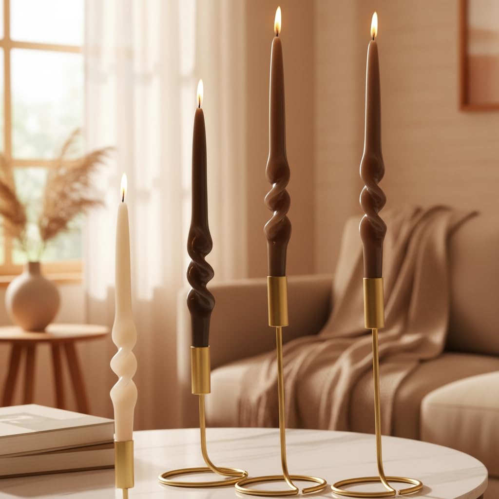 Gradient Coffee Spiral Taper Candles 10 Inch Thin Twisted Candlestick Unscented Candle Stick Smokeless Candle Gradient Tapered Candlesticks for Dinner Wedding Hygge Home Decor Holiday Relaxation