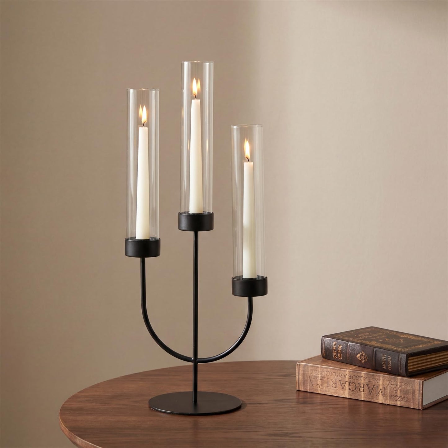 Sziqiqi Black Candelabra Candle Holder: 3 Arm Candlesticks Holder Decor with Glass Hurricane for Dining Table Centerpiece - Metal Candelabra for Halloween Outdoor Dinner Fireplace