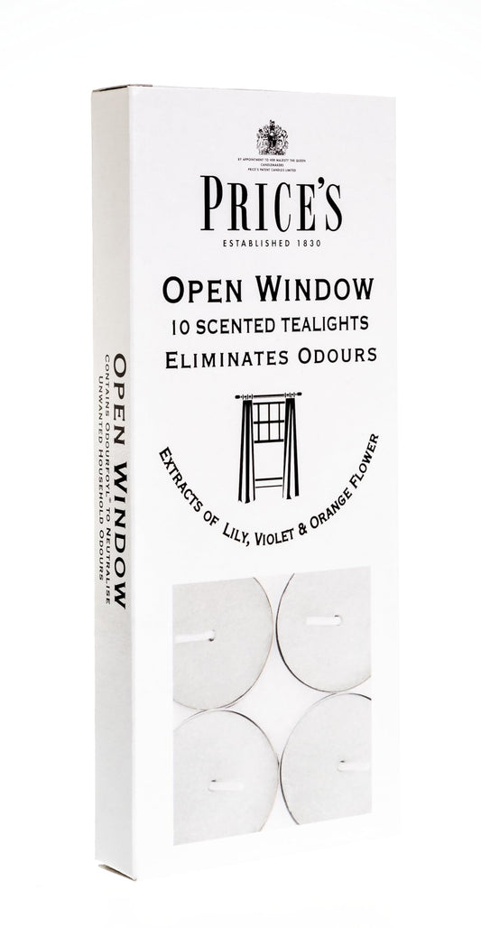 Price's - Open Window Tealights - Pack of 10 - Odour Eliminating Tealights - Made with Lily, Violet and Orange Flower Extracts - Clean, Fresh, Quality Fragrance - Long Lasting Scent