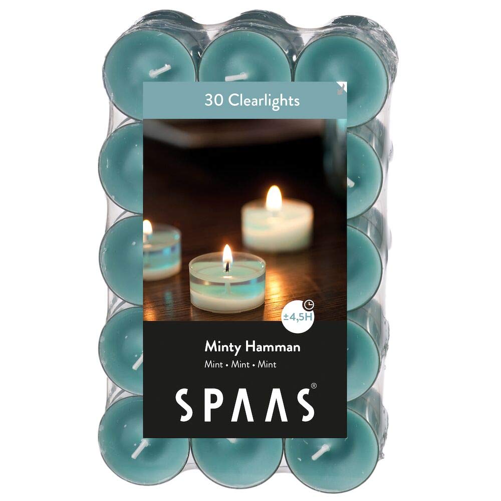 Spaas 30 Scented Clearlights, Tealights in Transparent Clear Cup, ± 4.5 Hours, Minty Hamman