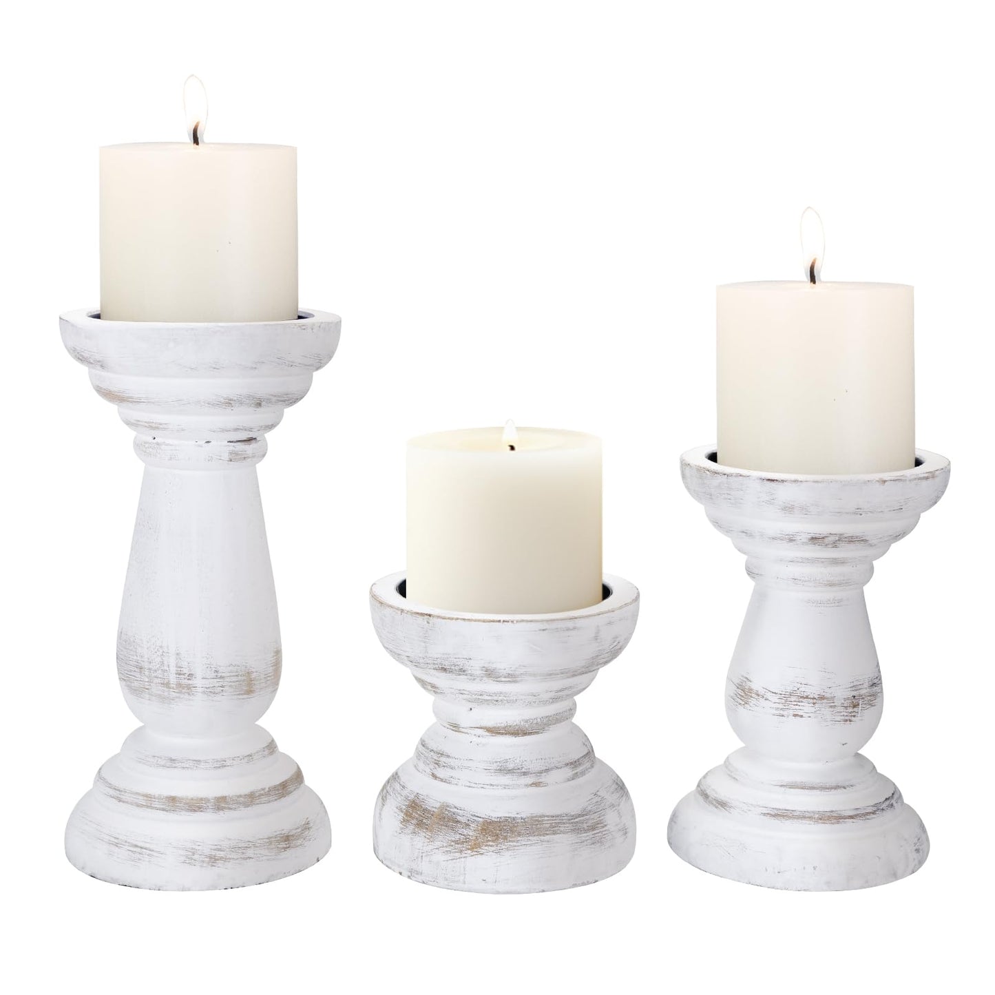 Candle Holder for Pillar Candle Set of 3, Farmhouse Wood Candle Holder, Rustic Wooden Candle Stand, Decorative Wood Candlestick Holders for Living Room, Table Centerpiece (RusticWhite)