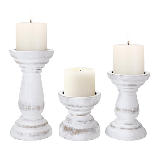 Candle Holder for Pillar Candle Set of 3, Farmhouse Wood Candle Holder, Rustic Wooden Candle Stand, Decorative Wood Candlestick Holders for Living Room, Table Centerpiece (RusticWhite)