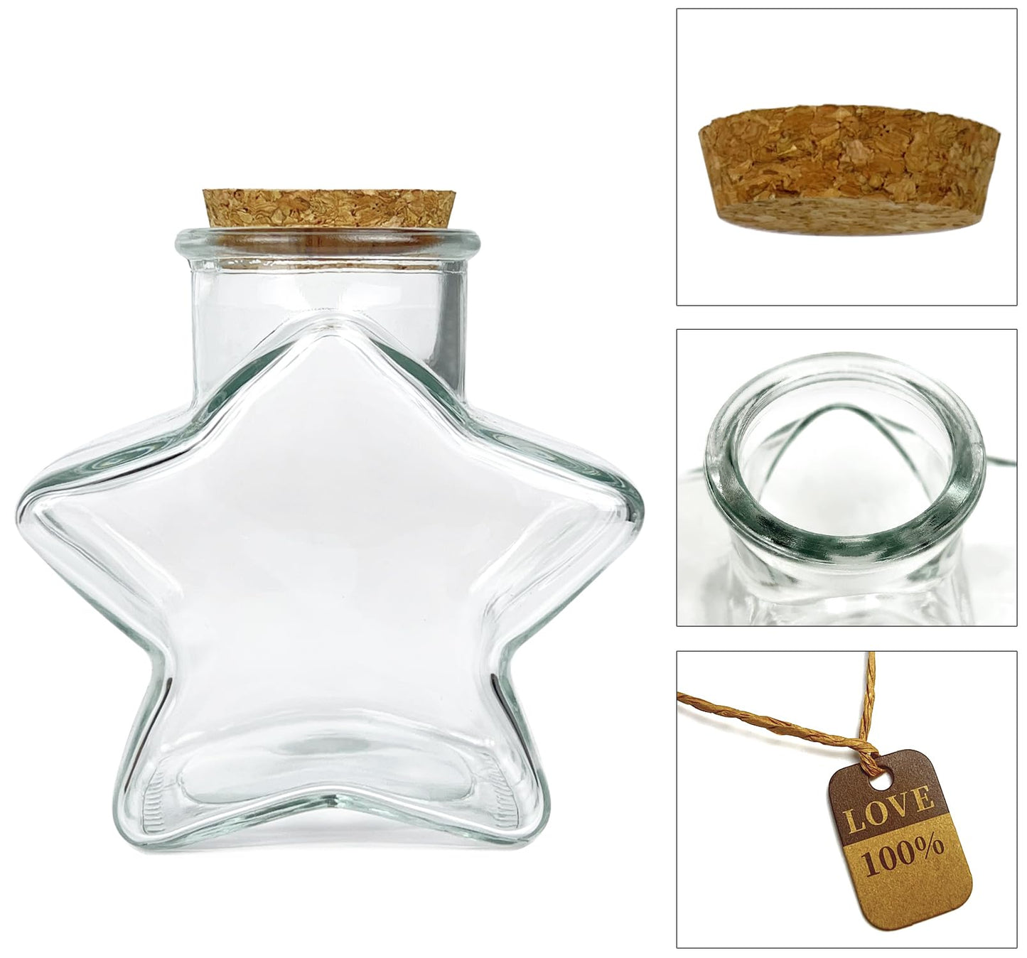 2 Pcs Starry Decorative Glass Bottles with Cork Stoppers,300ml(10 oz),Star-shaped glass vessel Design for Wedding,Party Favors,Home Decor-Includes Blessing Note & Jute Twine(Star)