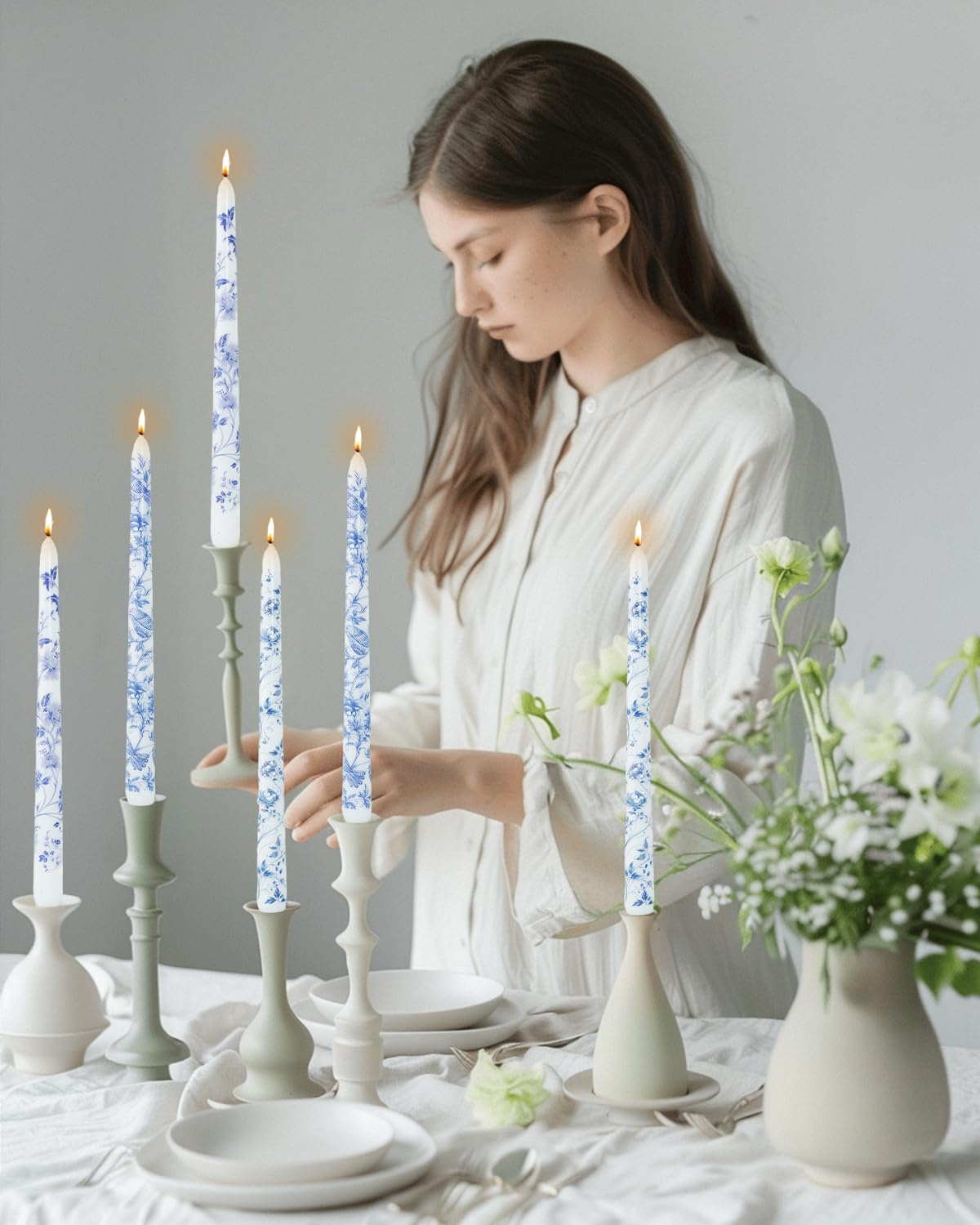Long Candle Sticks Floral Taper Candle Dripless Candlesticks 10inches Flower Unscented Tapered Candles for Home Party Wedding Restaurant Holiday Decor-4pcs