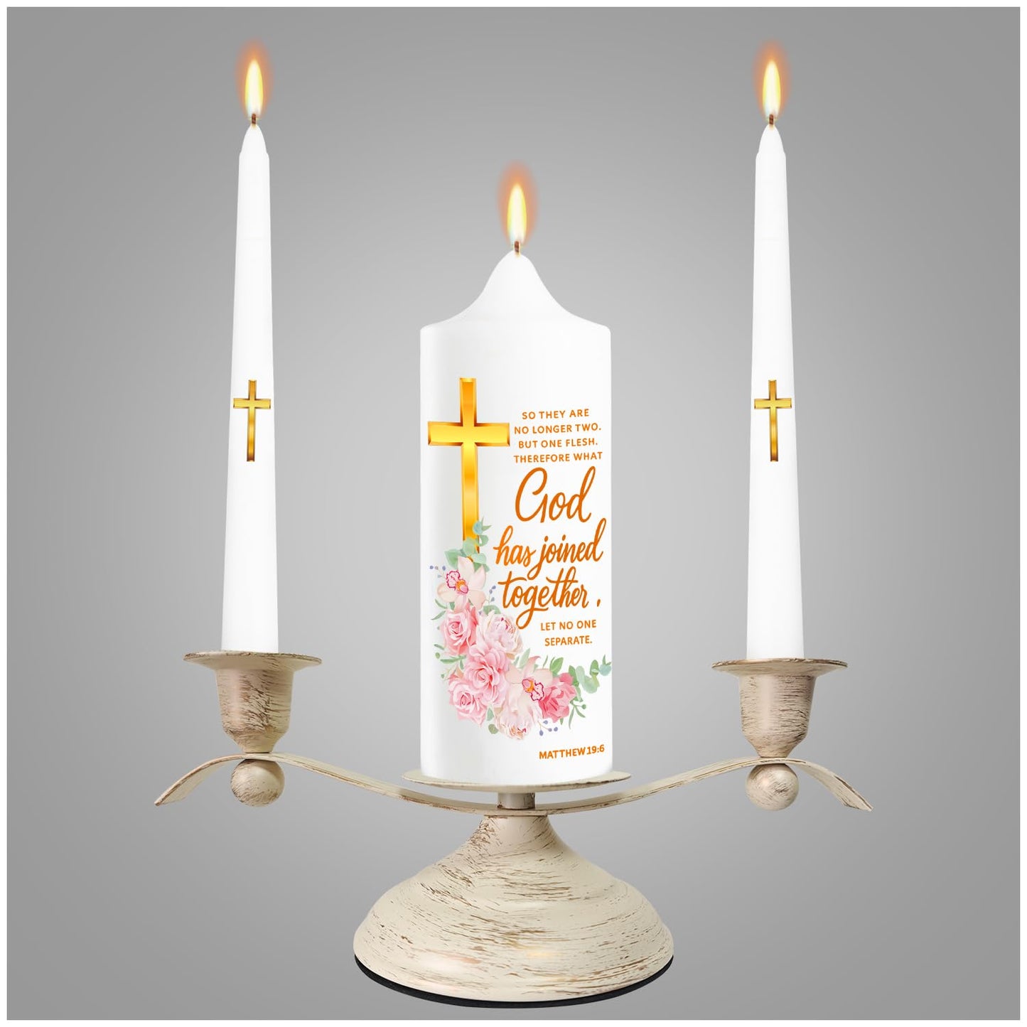 LakWilows Unity Wedding Candle Set with Distressed White & Gold Metal Holder, 3 Piece Wedding Ceremony Candles (8.27" Pillar + 2 Tapers), Cross & Matthew 19:6 Scripture, Catholic Gift for Couple