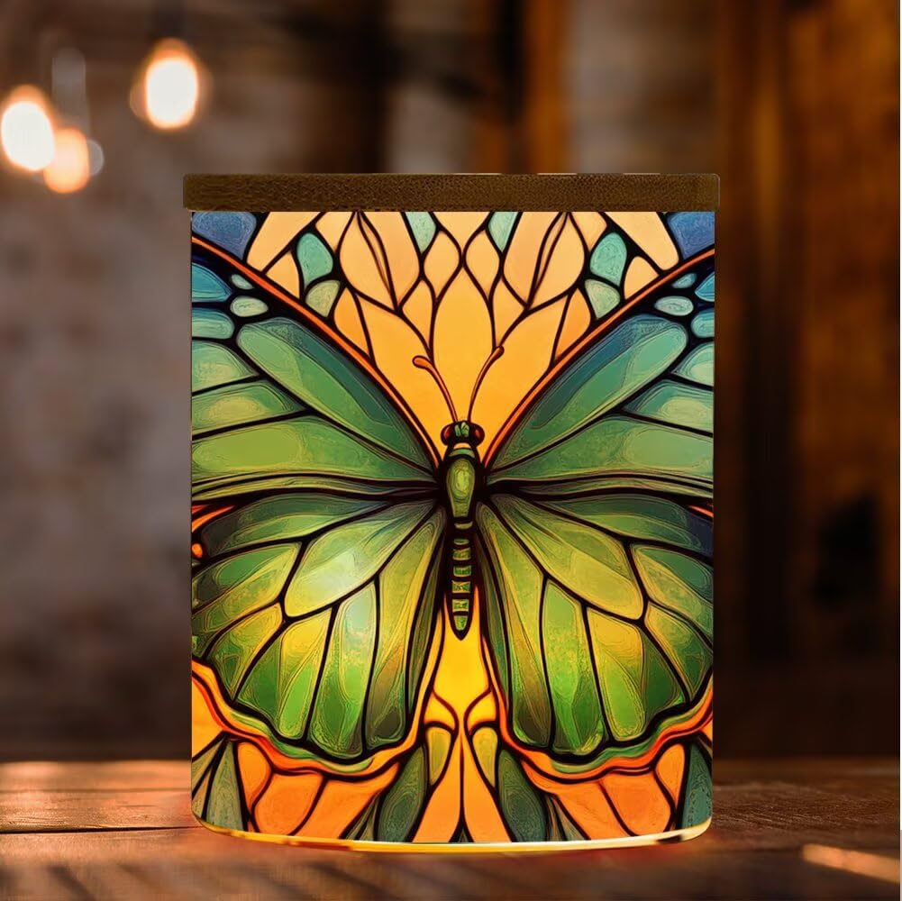 Stained Glass Butterfly Home Decoration Tea Light Candle Jar Candlesticks, LED Tealight Candleholder, Blue Flowers Tealight Candle Holders with Bamboo Lid for Table Centerpiece Party Decor