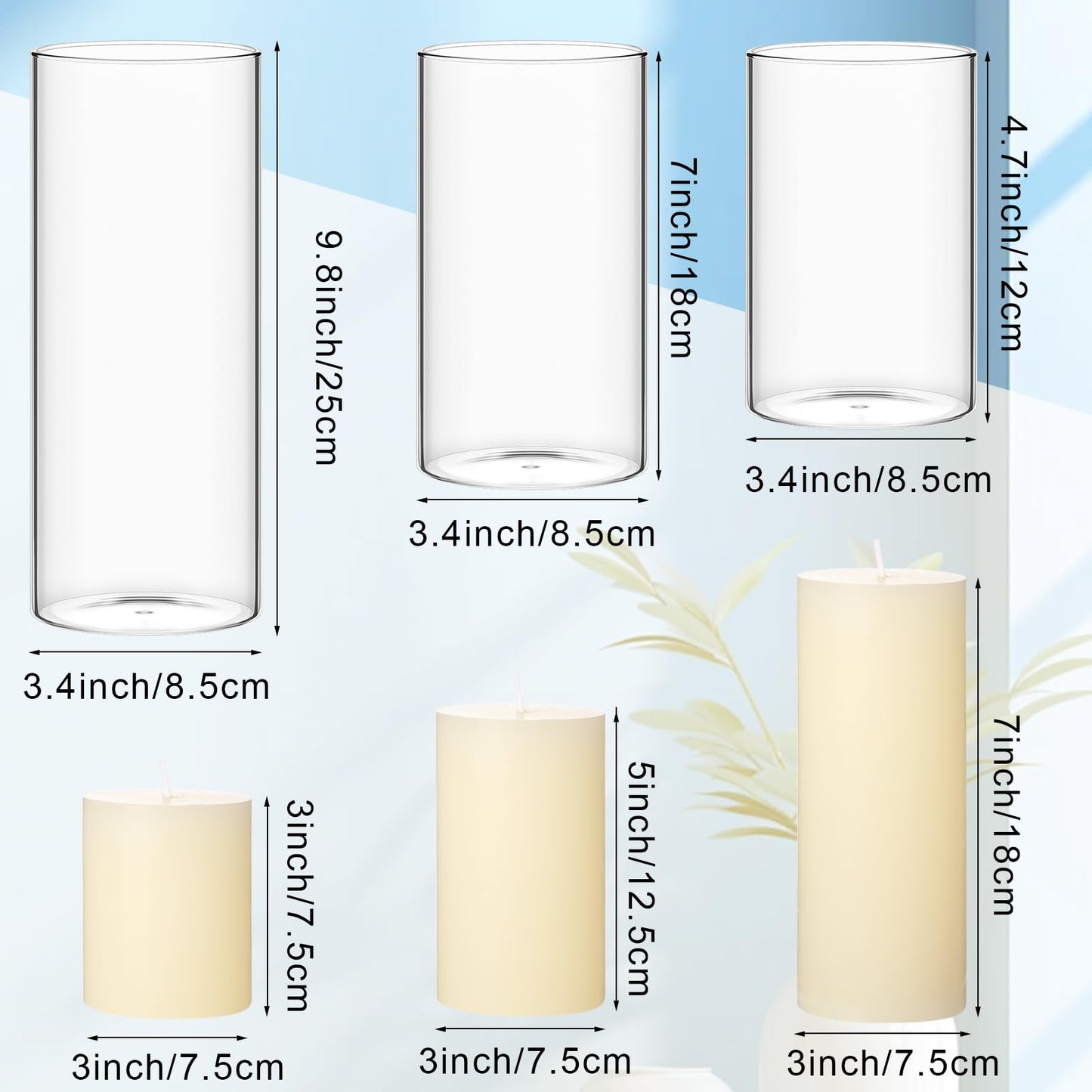 Shihanee Set of 3 Pillar Candles and 3 Glass Cylinder Candle Vases Holders Clear Pillar Jars for Wedding Centerpieces(3'' x 5.9'', 7.9'', 9.8'',Ivory White)