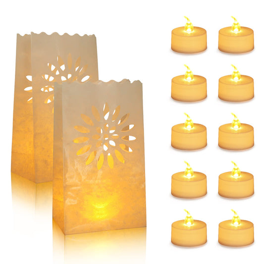 AceList 30PCS Luminary Bags with 30 PCS Flameless Candles Tea Lights for Wedding, Birthday, Party, Christmas Decorations(Sunflower)