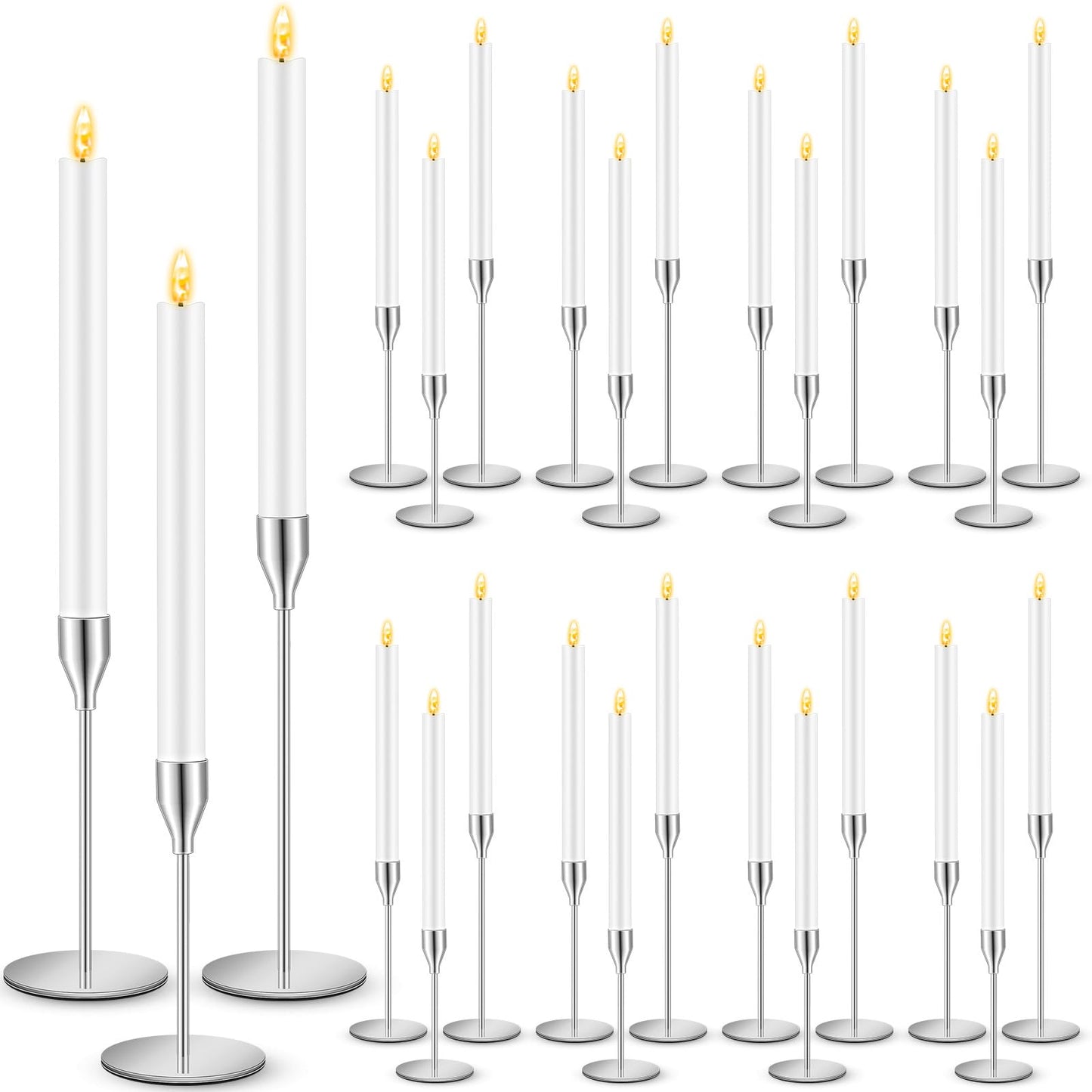 FillTouch 30 Pcs Silver Candlestick Holders with Flameless LED Candles Bulk Includes 15 Metal Candle Holders and 15 Battery Operated Taper Candles for Wedding Valentines Table Centerpieces Home Decor
