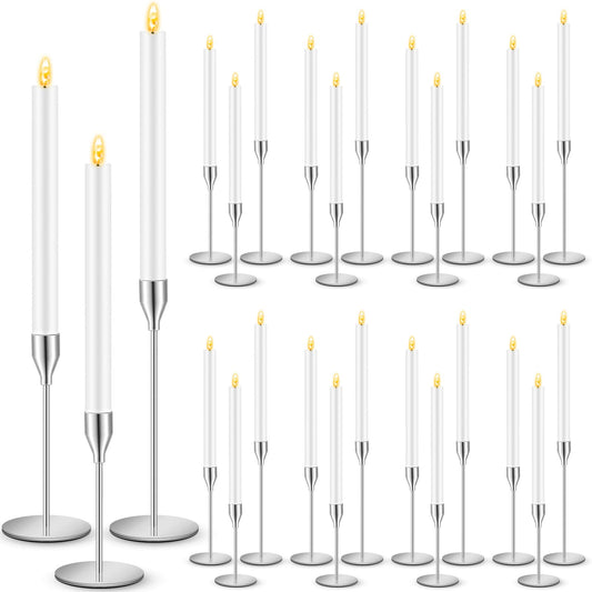 FillTouch 30 Pcs Silver Candlestick Holders with Flameless LED Candles Bulk Includes 15 Metal Candle Holders and 15 Battery Operated Taper Candles for Wedding Valentines Table Centerpieces Home Decor