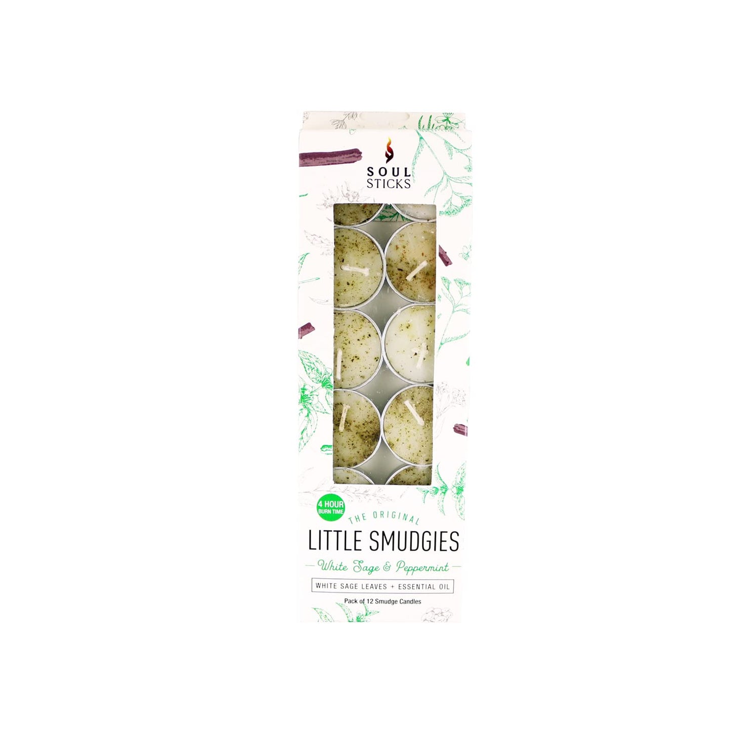 SOUL STICKS 12 Pack Little Smudgies Tealight Candles Smudge Candle for Cleansing House, Meditation, Chakra Healing | Made with Crystals and Herbs (White Sage & Peppermint)