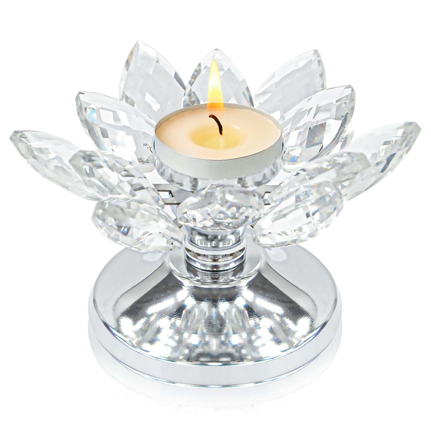 1 PC Silver Crystal Flower Tea Light Holder, Glass Tealight Candlestick with Metal Base, Votive Candle for Table Centerpiece, Wedding/Parties Decor, Nice Gift