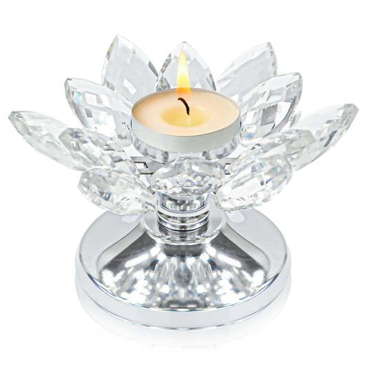 1 PC Silver Crystal Flower Tea Light Holder, Glass Tealight Candlestick with Metal Base, Votive Candle for Table Centerpiece, Wedding/Parties Decor, Nice Gift