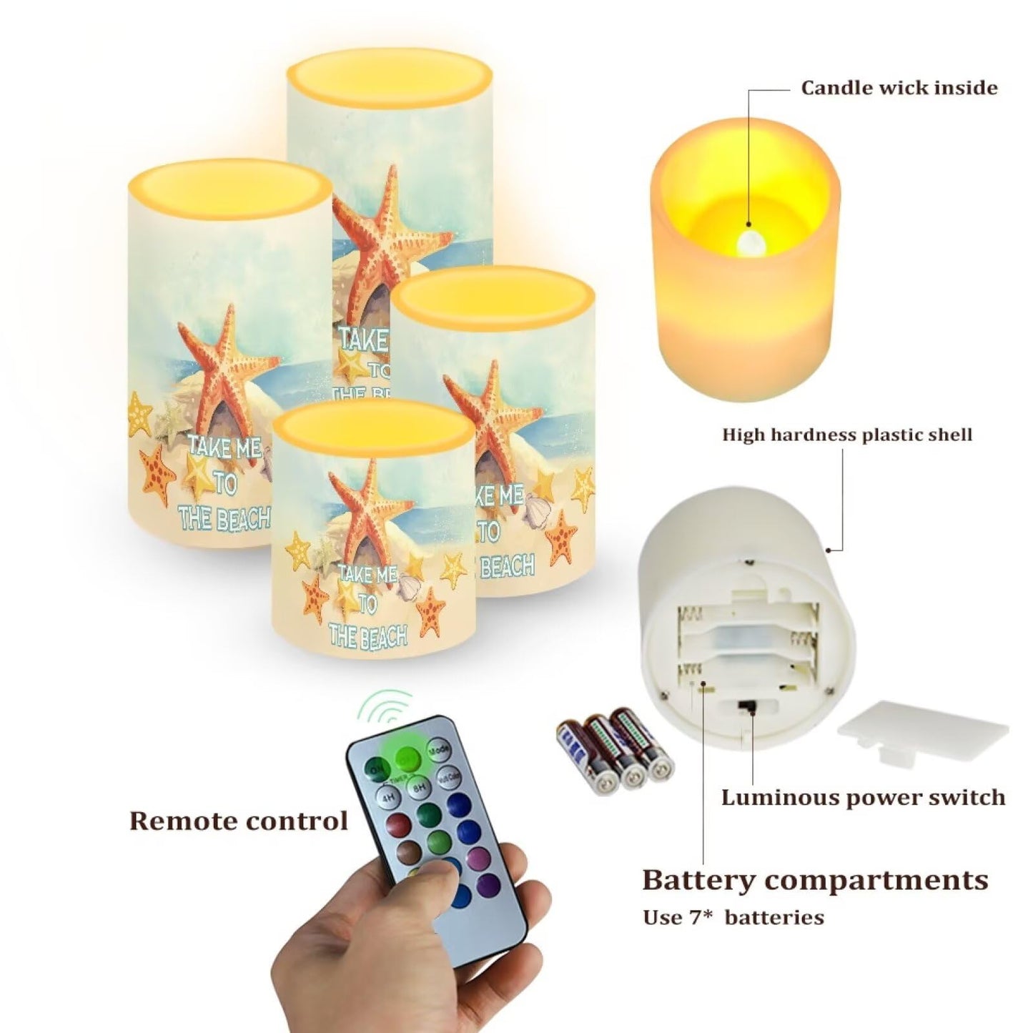 Merkmak Pack of 4 Starfish Flameless Candles with Remote Battery Operated Candles with Timer Flickering LED Elictric Pillar Tealights for Indoor Outdoor Beach Wedding Coastal Home Decorations
