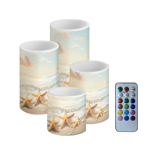 NETILGEN Flameless LED Candle Electric Pillar Candle with Remote Timer Color Changing Control Long Lasting Pack of 4 for Tabletop Coastal Home Indoor Decoration, Beach Gold Starfish