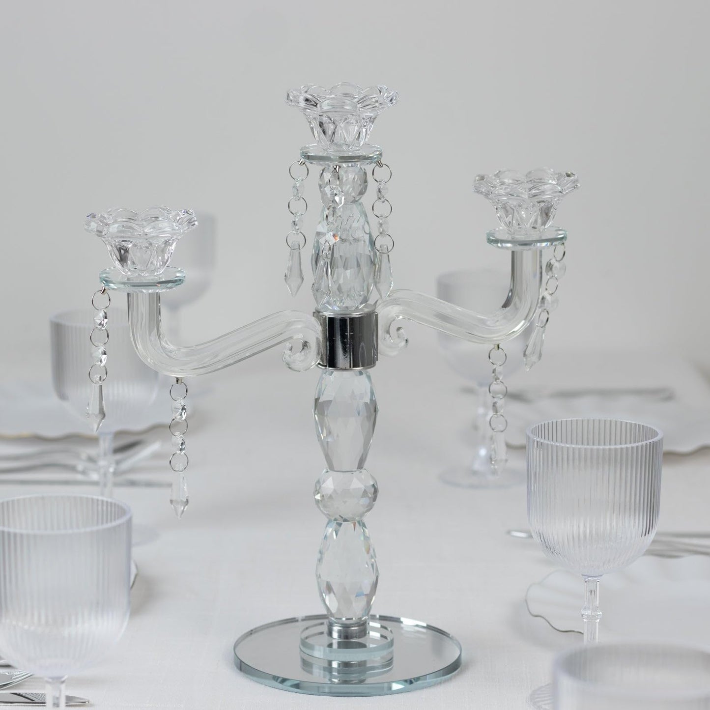 Efavormart Crystal 3-Arm Candelabra Taper Candle Holder with Hanging Prisms & Round Mirror Base – Faceted Cut Glass Design - 14" Tall