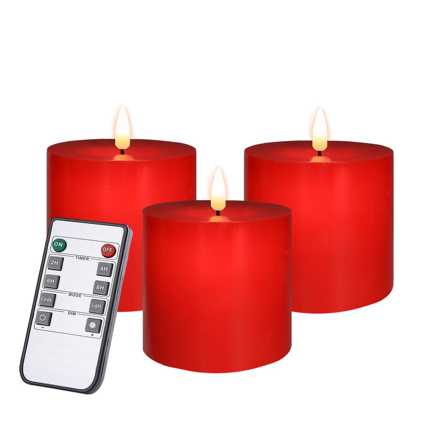 volnyus Red Flameless Candles Set of 3 (3x3 inch) Real Wax Flickering LED Candles Battery Operated with Remote Control Timers for Christmas Fireplace Party Dimmable Pillars Flat top