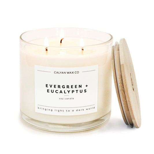 Calyan Wax Co. Evergreen & Eucalyptus 3 Wick Scented Candle - 43 Hour Burn - Luxury 3 Wick Soy Candles - Clean Soy Wax Candles - Long Lasting Large Glass Jar Candle for Home - 14.9oz
