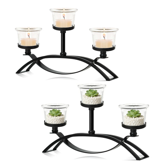 3-Arm Metal Tea Light Candle Holder Set with 5 Glass Cups, Votive Candle Holders Centerpiece Candelabra for Wedding Table Decor, Home Gatherings and Holidays (Black, 3 Cups-2 Pcs)