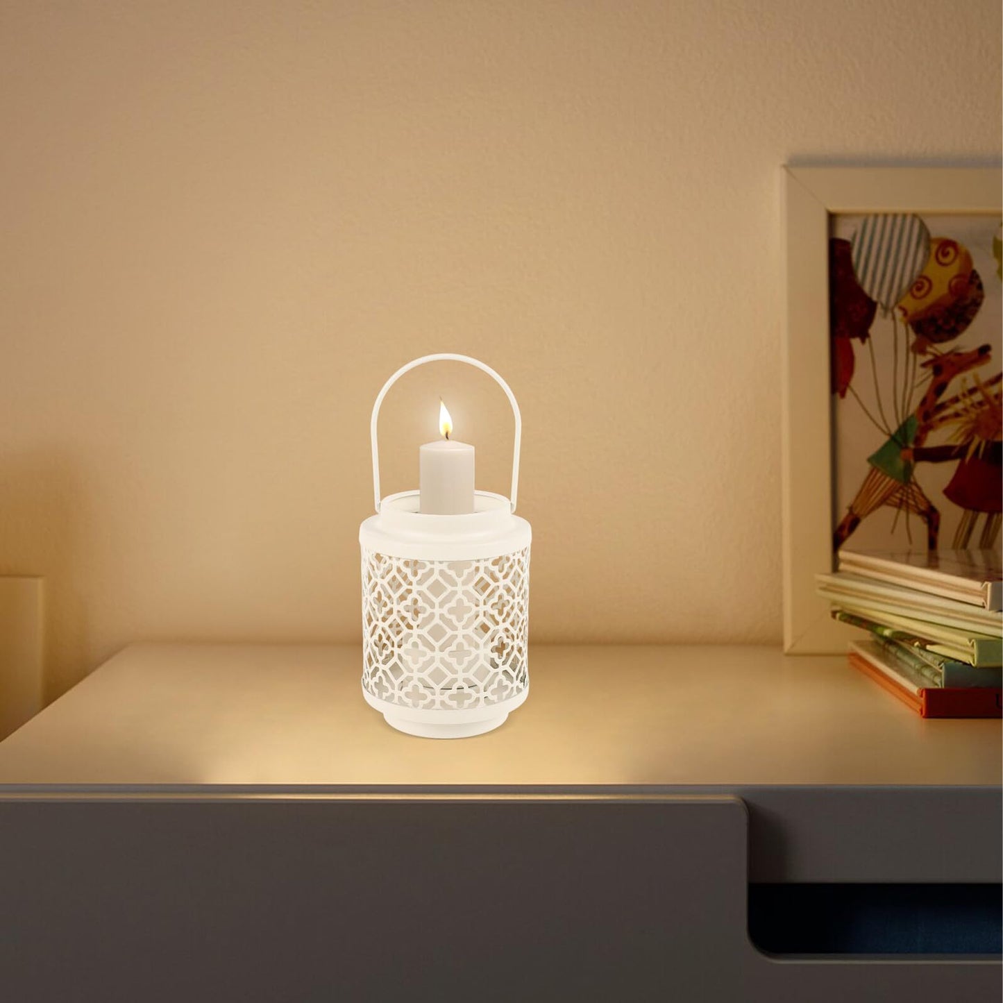 HYTROVE Iron Art Hollow-Out Candle Holder, White Decorative Candlestick for Restaurant and Tabletop, Elegant Lantern for Home Dinner Centerpiece