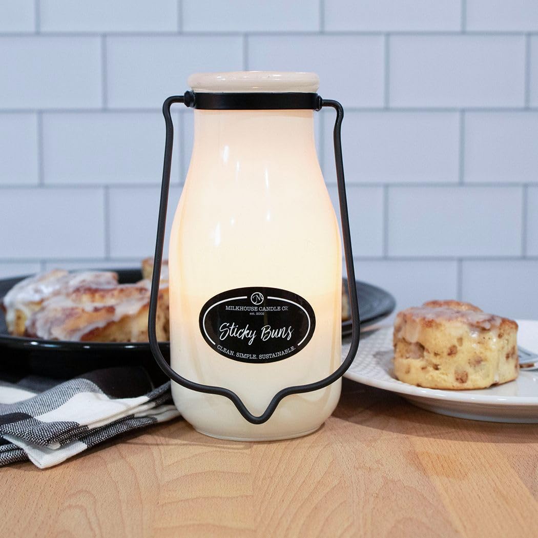 Milkhouse Candle Company Sticky Buns Soy Candle - Cinnamon | Buttery Dough | Vanilla Sugar Scented - 14 oz Milkbottle with Lid, 90+ Hour Burn Time, Made in the USA