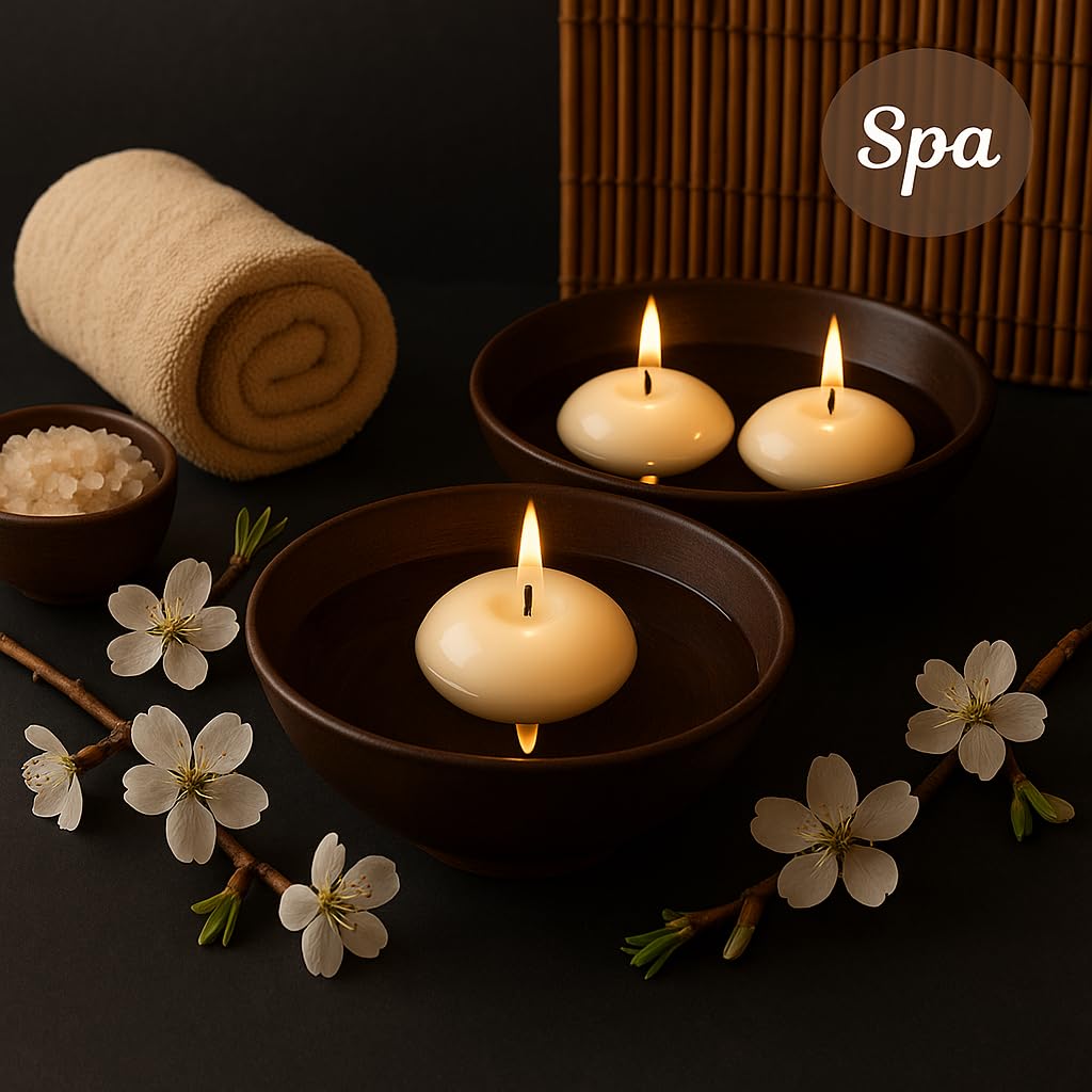 Floating Candles 2 Inch 24 Pack Ivory – CW Studio Unscented 6 Hour Burn, Smokeless Premium Paraffin Wax – for Wedding Centerpieces, Pool, Spa, Parties & Home Decor