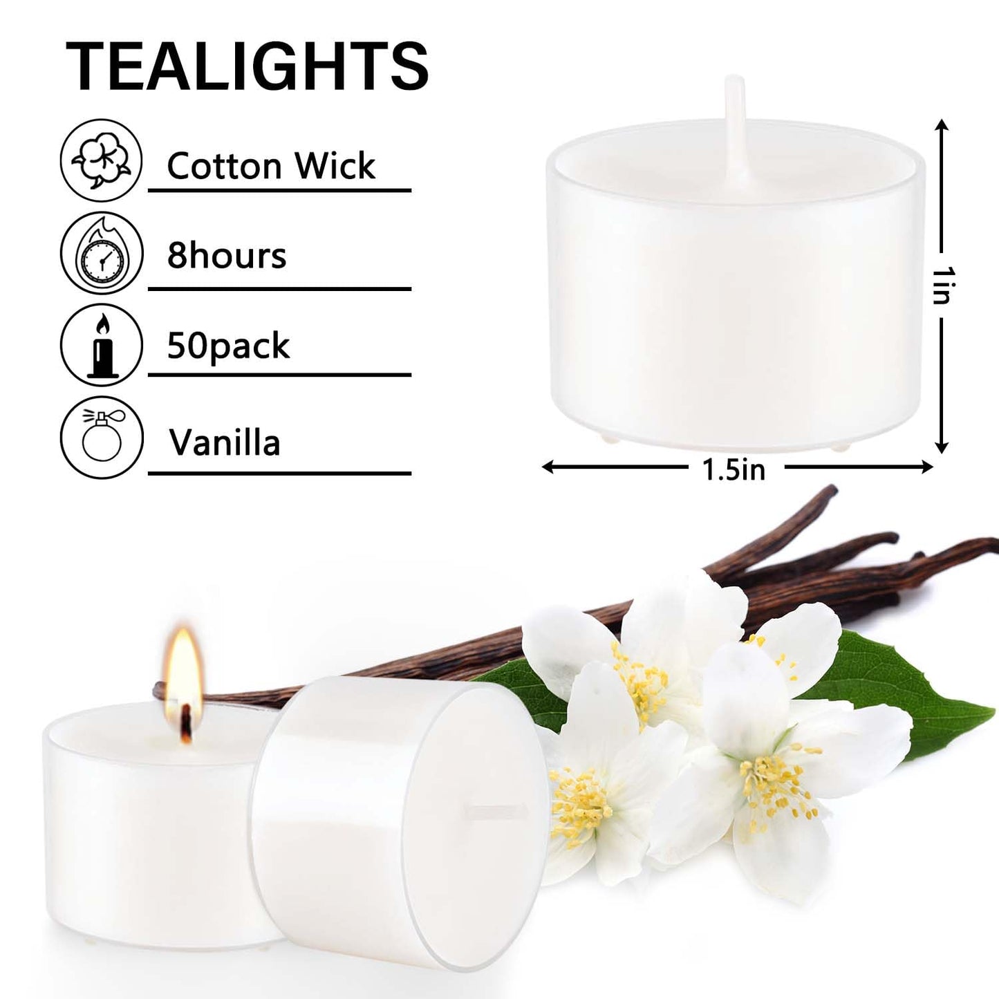 Wfmolcand Set of 50 White Scented Tealight Candles Bulk, Vanilla Fragrance Wax with Clear Container, for Restaurant Dinner Weddings Baby Showers, Long Burning, 8 Hours